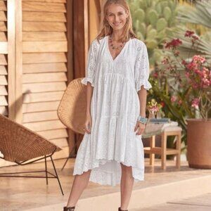 SUNDANCE WHITE EYELET EMPIRE WAIST HI LO MIDI SUMMER DRESS COTTON LINED TIER